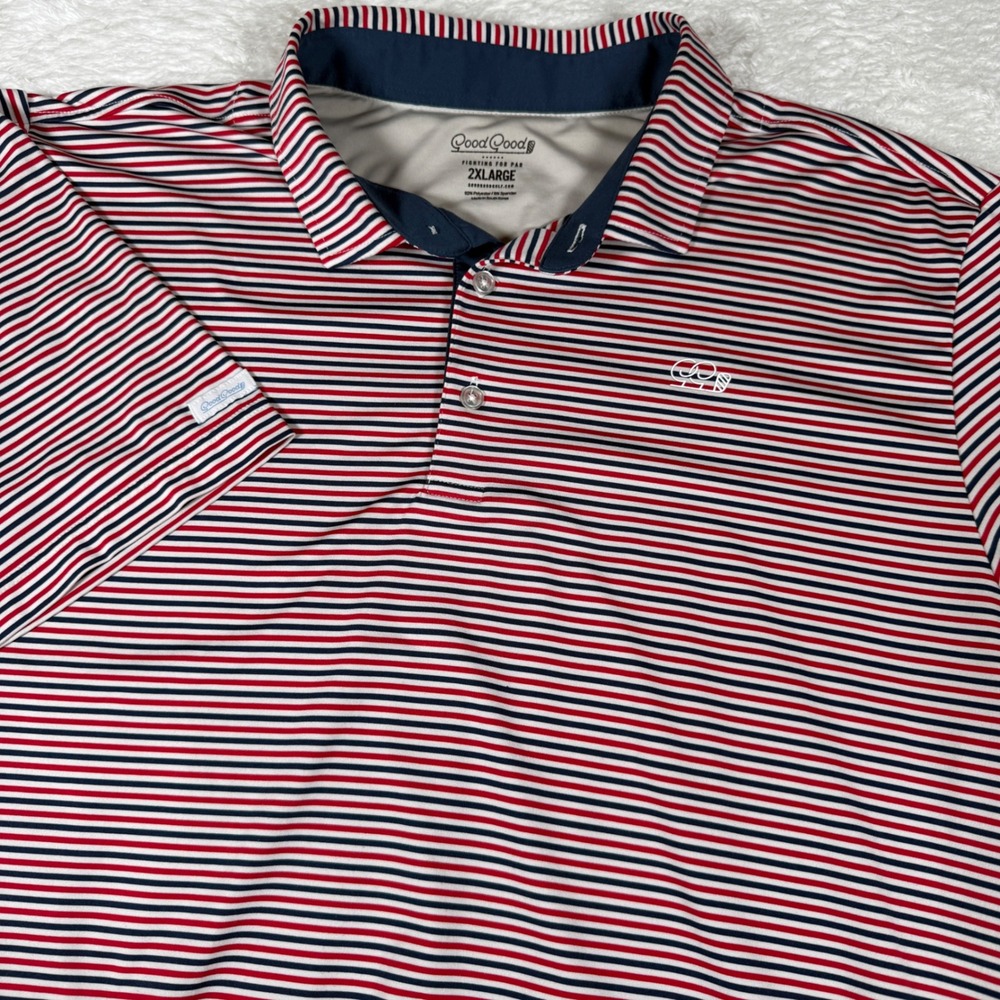 Good Good Golf Polo Mens 2XL Red White Navy Striped s/s Button up Stretch